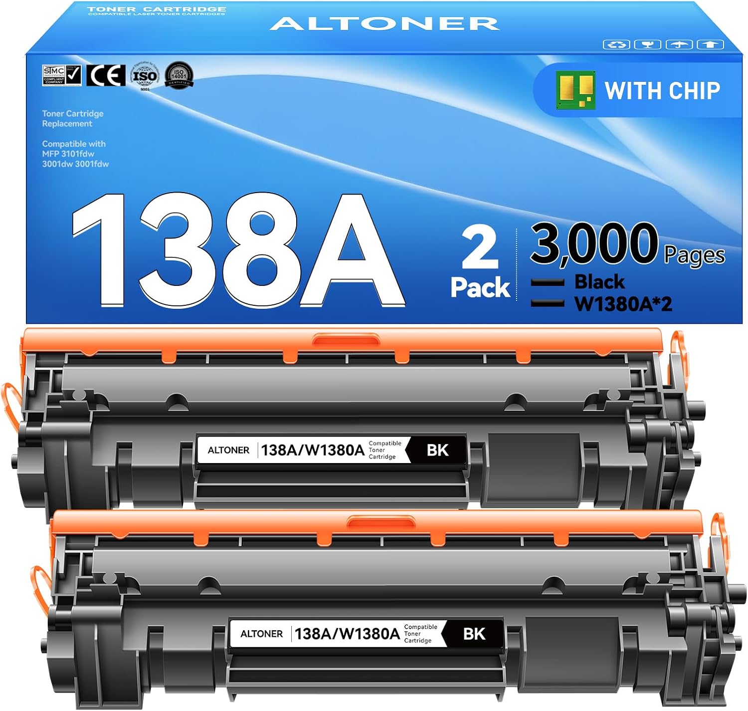 138A Toner Cartridge 2-Pack W1380A Black (with Latest Chip) – High-Capacity Replacement Compatible for HP Laser Jet Pro 3001dw 3001fdw MFP 3101fdw 3101sdw 3,000 Page Yield | 138A Monochrome