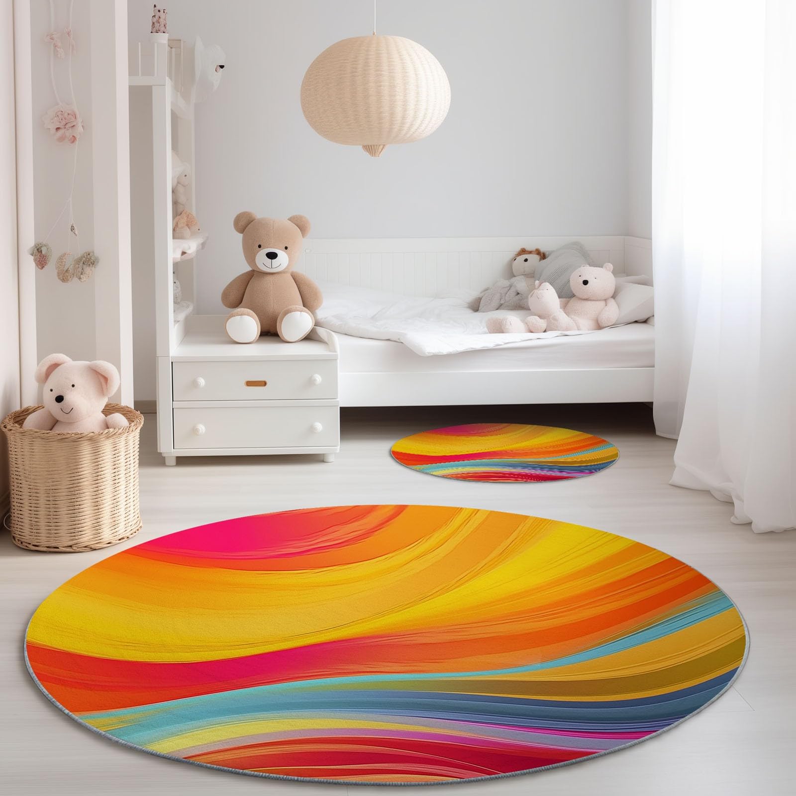 Generico Tappeto rotondo lavabile Colorato - Astratto Arcobaleno Onde Strisce Resistente interni Tappeti per Bambini Cameretta balcone sala da pranzo terrazza, 150 cm Antiscivolo Tappetino