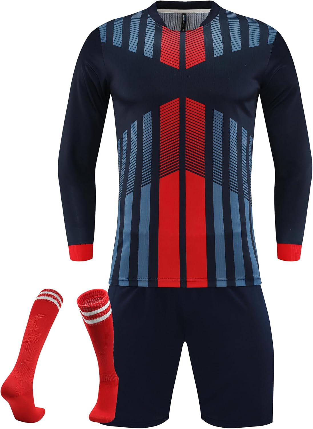 Kids Long Sleeve Soccer Goalie Jersey Set Uniform, Goalkeeper Shirt and Shorts with Socks