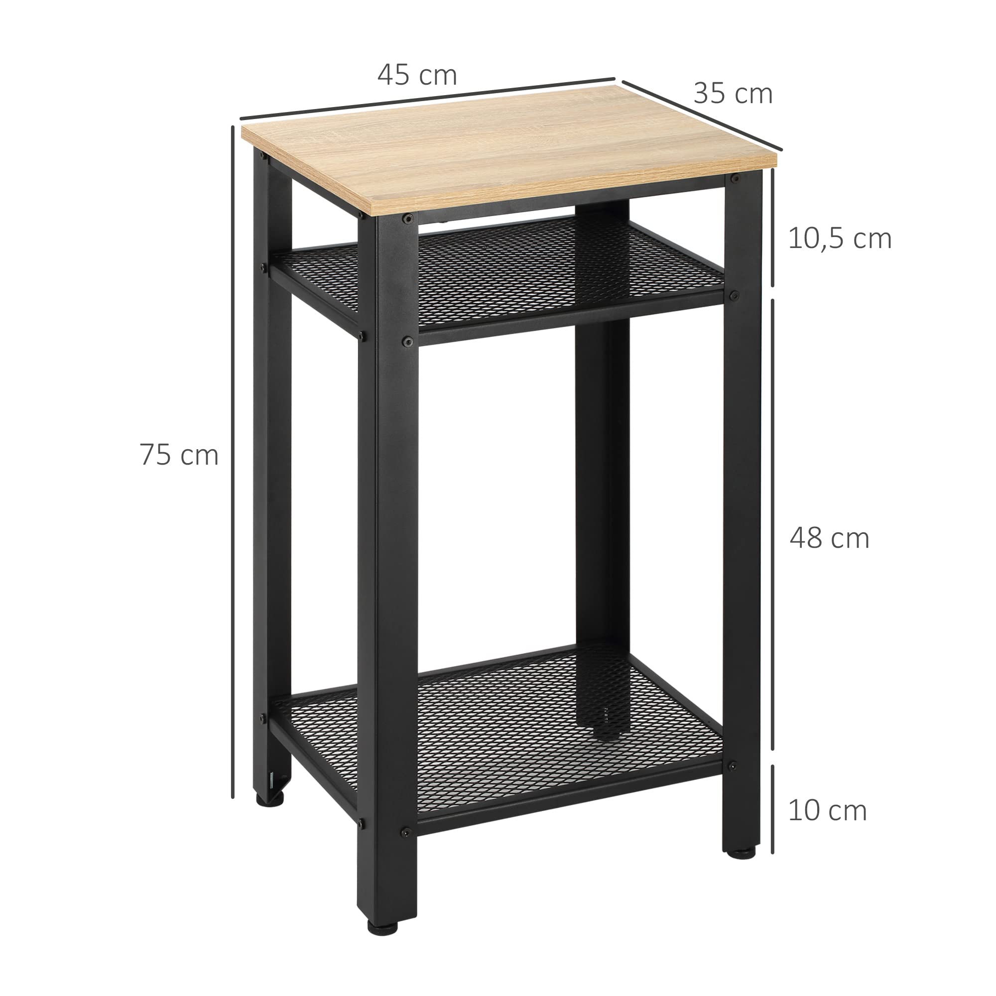 HOMCOM Mesa Auxiliar Mesita de Noche Industrial 45x35x75 cm Roble y Negro | 2 Estantes de Rejilla de Metal, Pies Ajustables, para Salón Dormitorio