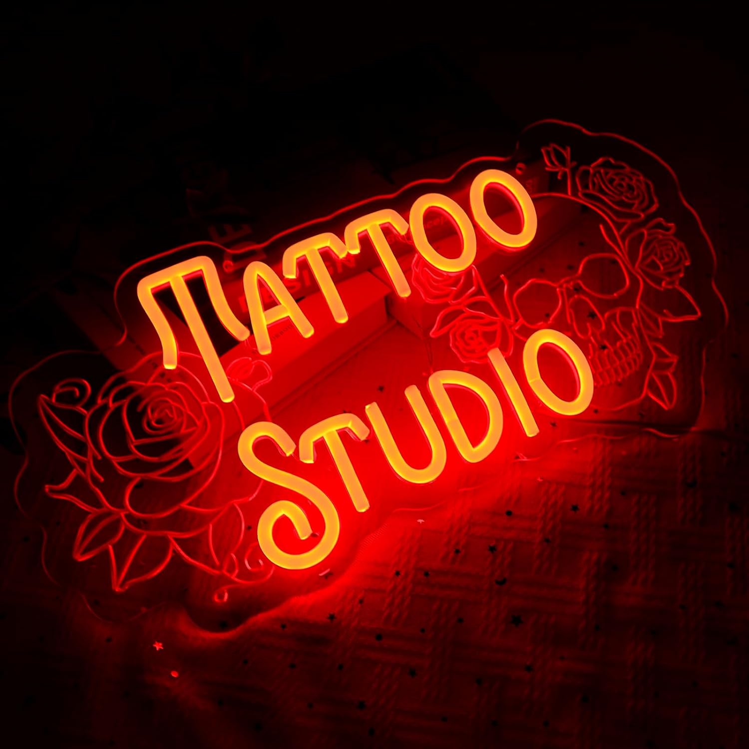 Tattoo Studio Neon Sign for Wall Decor, Red Rose Flower Led Signs for Business, USB Dimmable Skull Neon Lights for Tattoo Piercing Salon Beer Bar Pub Garage Man Cave Gothic Party Decor