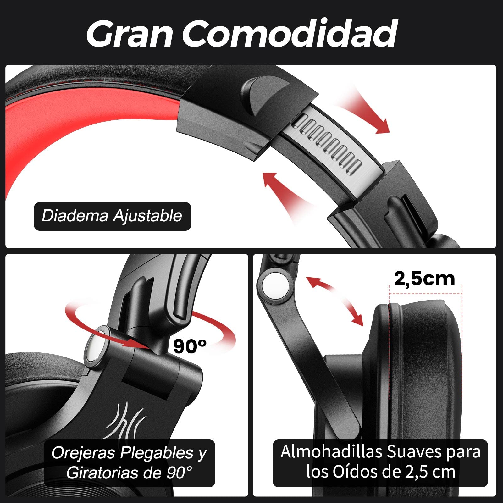 OneOdio A70 Auricurales Bluetooth Inalambricos 72H, Auriculares Diadema Cerrados con Puerto Compartido, Auriculares Cable de 3.5mm para DJ Piano Guitarra Grabación y Monitoreo AMP, Rojo