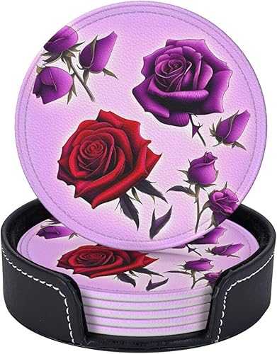 Miniatura 5 de Red and Purple Roses Fashionable Printed Leather Coaster Set,A Set of 6 Pieces,4 Inches in Diameter,Adding an Artistic Atmosphere to Your Desktop