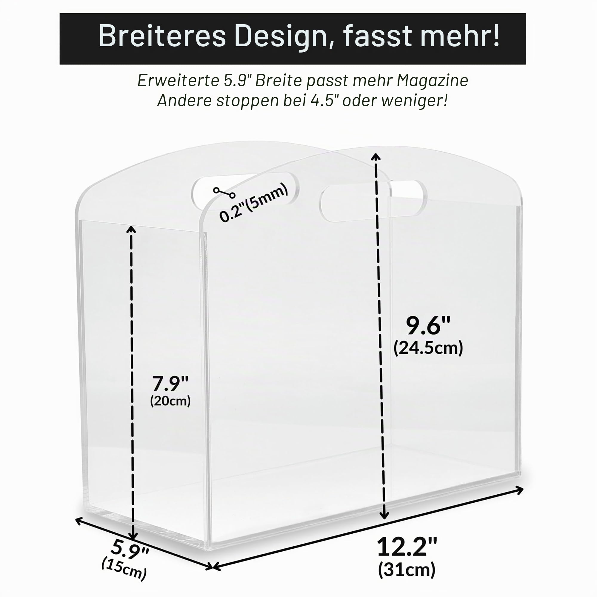 Zeitungsständer modern - durchsichtiger Zeitschriftenständer aus Acryl, transparenter Zeitschriftenhalter mit Griffen, Magazinhalter, Zeitungskorb, Zeitschriften Aufbewahrung