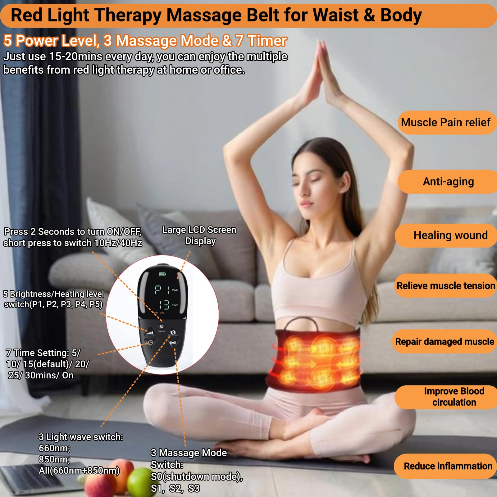 Dispositivo de terapia de luz roja,cinturón masajeador de cintura Luz infrarroja cercana de 660nm/850nm,5 niveles de brillo,temporizador inteligente Alivio del dolor de espalda,abdomen,hombros piernas