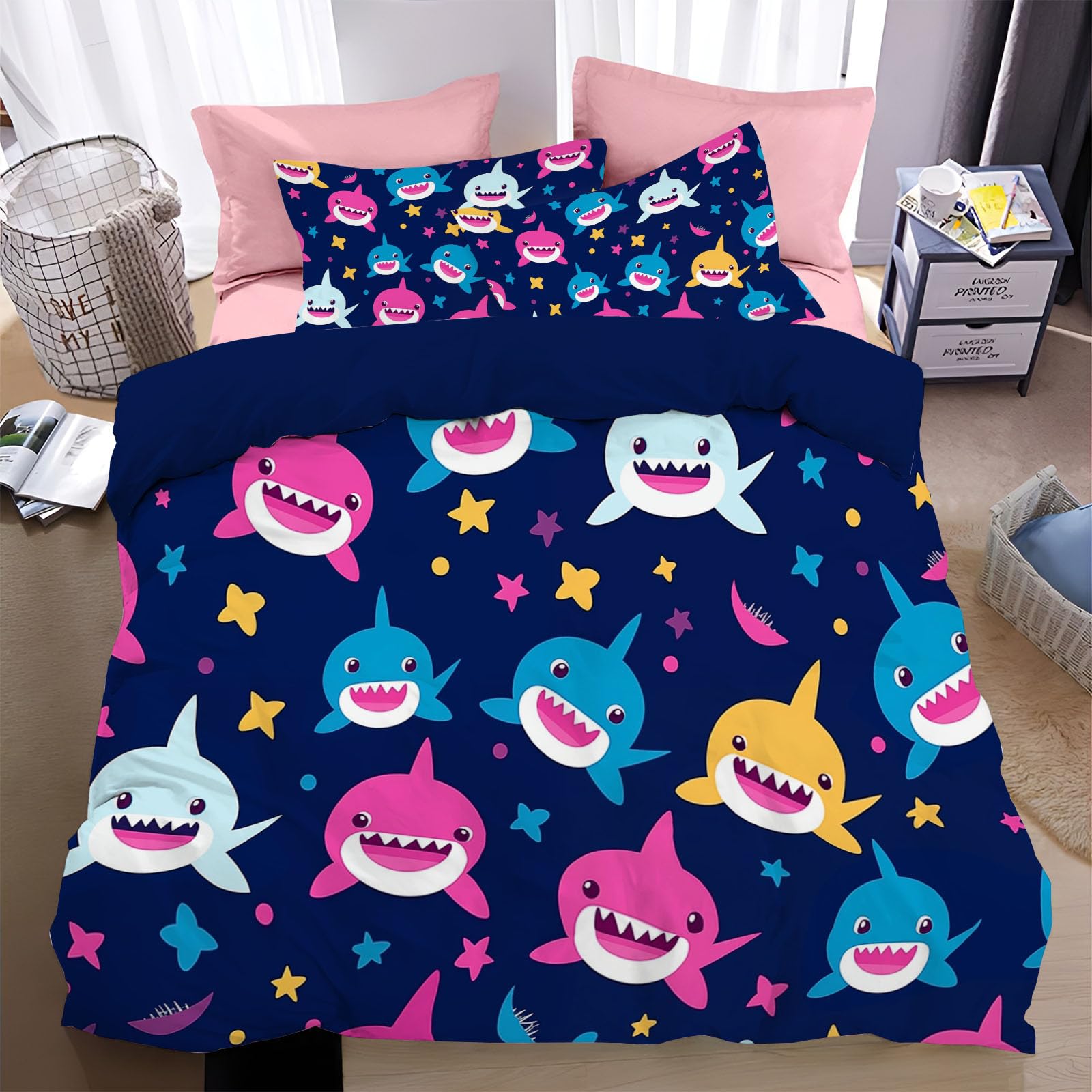 Parure de lit 200x200 avec housse de couette requin et taies d'oreiller