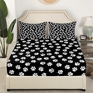 Homewish Dog Paw Print Kids Fitted Sheet Twin Size,Kawaii Pet Bedding Set,Boys Girls Adults Bedroom/Xmas/Halloween Decor,Cartoon Animal Bed Cover,Black White Simple Bed Sheet,2pcs,1 Pillowcase