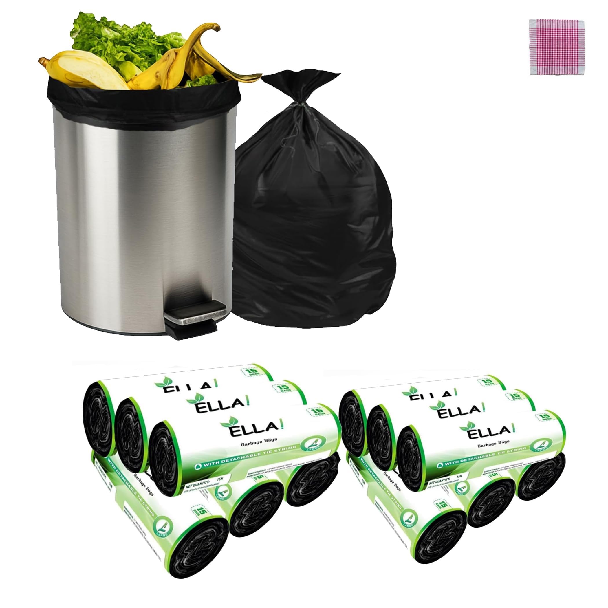 ELLA Garbage Bags 24×32 Inches | 180 Bags (12 Rolls × 15) | Black | Large | Durable Leak-Proof Dustbin Covers for Home, Kitchen, Bathroom & Office | Free Check Duster Cloth