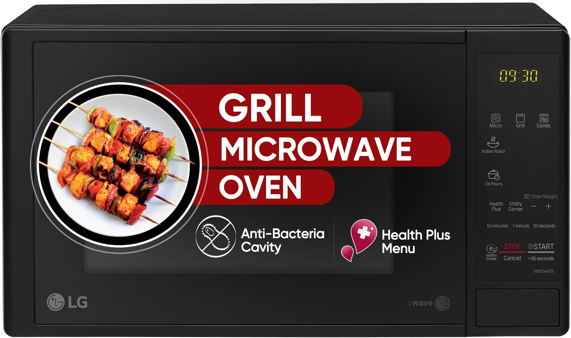 - LG 20 L Grill Microwave Oven (MH2044DB, Black, Quartz Heater, I-Wave Technology, Indian Cuisine, Auto Cook Menu, Steam Clean, Anti-Bacterial Cavity & Health plus Menu)