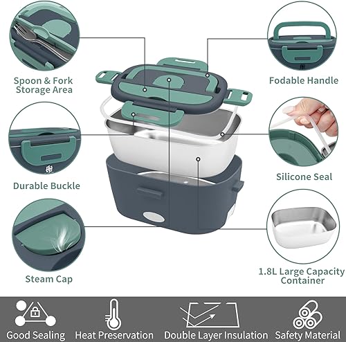 Miniatura 5 de Fiambrera eléctrica para automóvil, lonchera portátil 3 en 1 con recipiente de acero inoxidable extraíble de 1.8 L, calentador de alimentos a prueba
