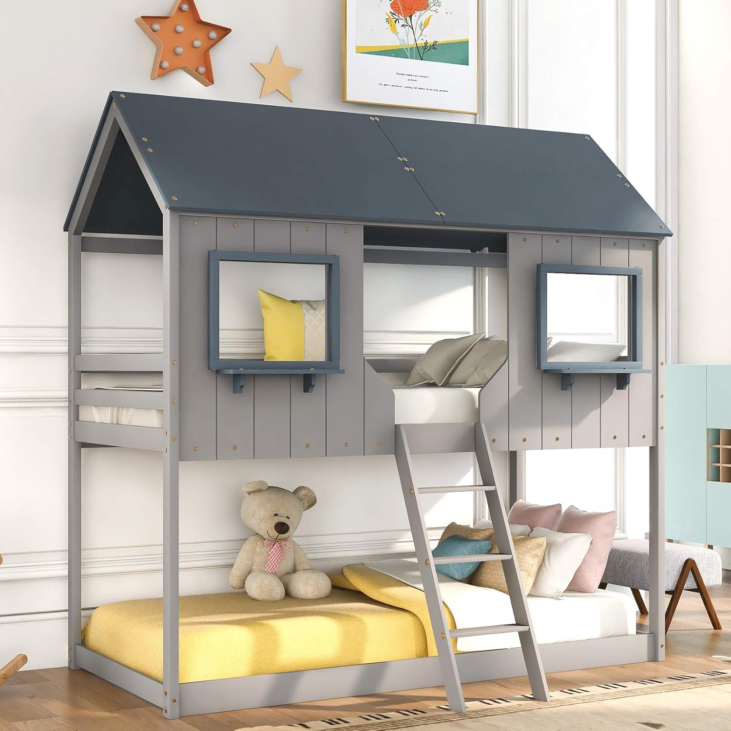 Buy MERITLINE Kids House Bunk Beds with Roof Windows and Guardrails