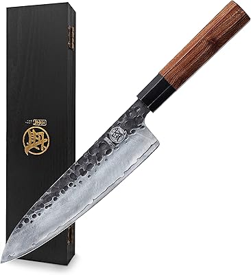 MITSUMOTO SAKARI 8 inch Japanese Gyuto Chef Knife, Professional Hand Forged Kitchen Chef Knife, 3 Layers 9CR18MOV High Car...