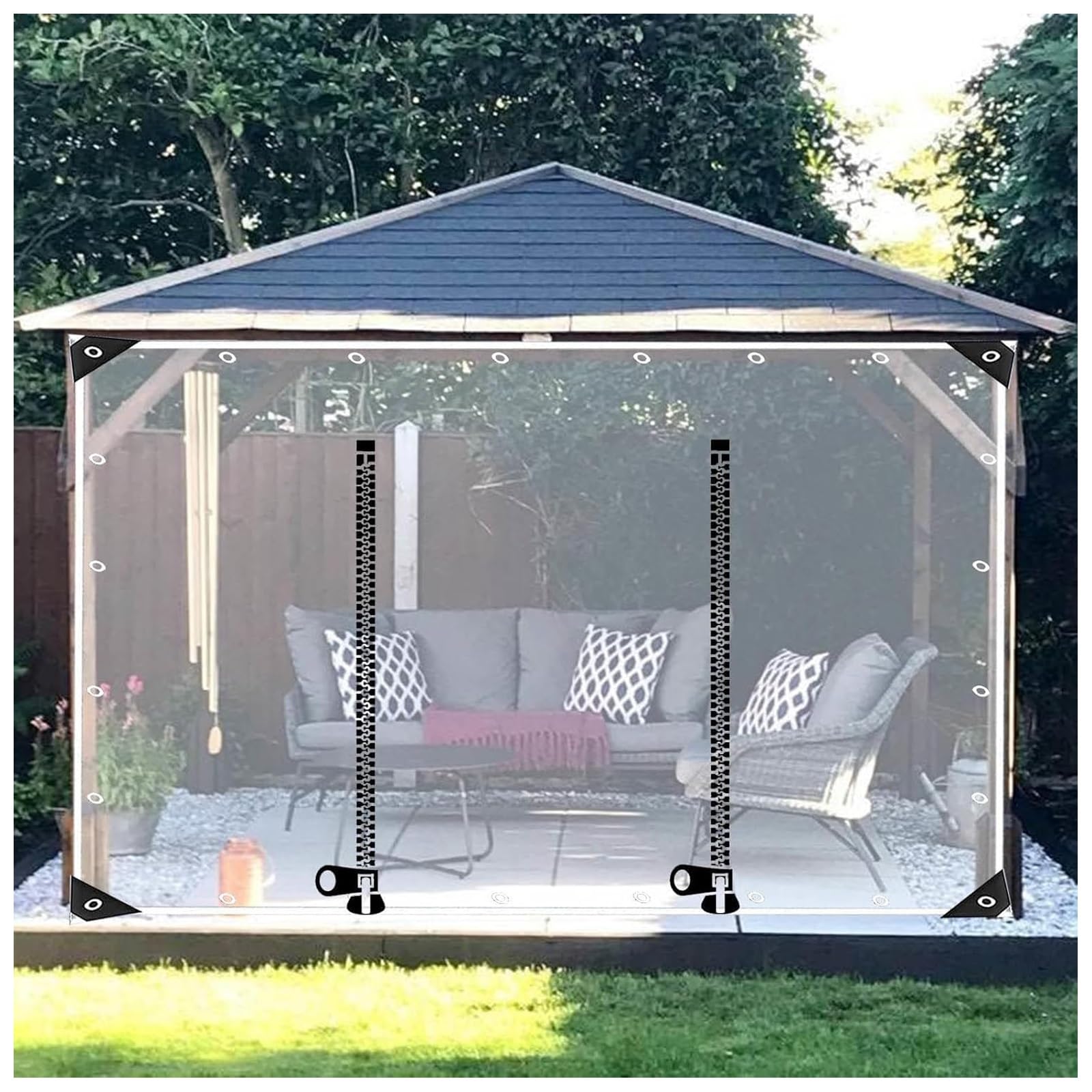 Outdoor Clear Tarp Curtain with Zipper Door, PVC Partition Tarpaulin, Pergola Patio Gazebo Transparent Waterproof Tarpaulin Side Panels,Rain Curtains with Grommets(H1.6xW1.8m/H5.2xW5.9ft)