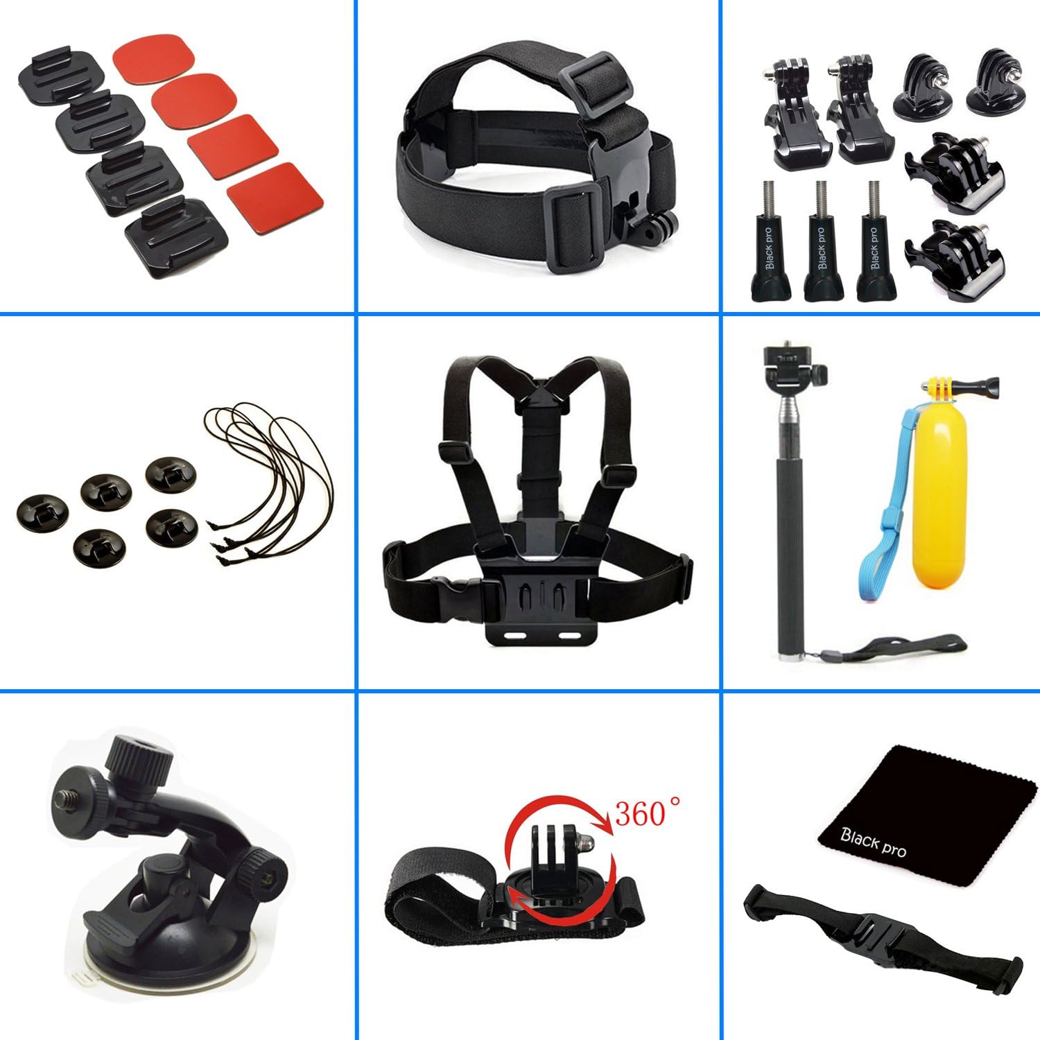 Black Pro 27-in-1 Accessories Kit for Gopro Hd Hero 4 Hero4 Camera, Head Belt Strap Mount+ Chest Belt Strap Mount+ Extendable Handle Monopod + Car Suction Cup Mount Holder + Floating Handle Grip + 2 PCS Tripod Mount Adapter + 2 PCS Gopro Surface J-hook + 4 Pack Long Screw Bolt + 2pcs Curved Surface Mounts Sticker + 2pcs Flat Surface Mounts Sticker + Helmet Mount Strap + 360 Rotation Wrist Holder Mount + 2 PCS Surface Quick Release Buckle + 5 Pack Adhesive Achors Sticker +Black Pro Cleaning Cloth