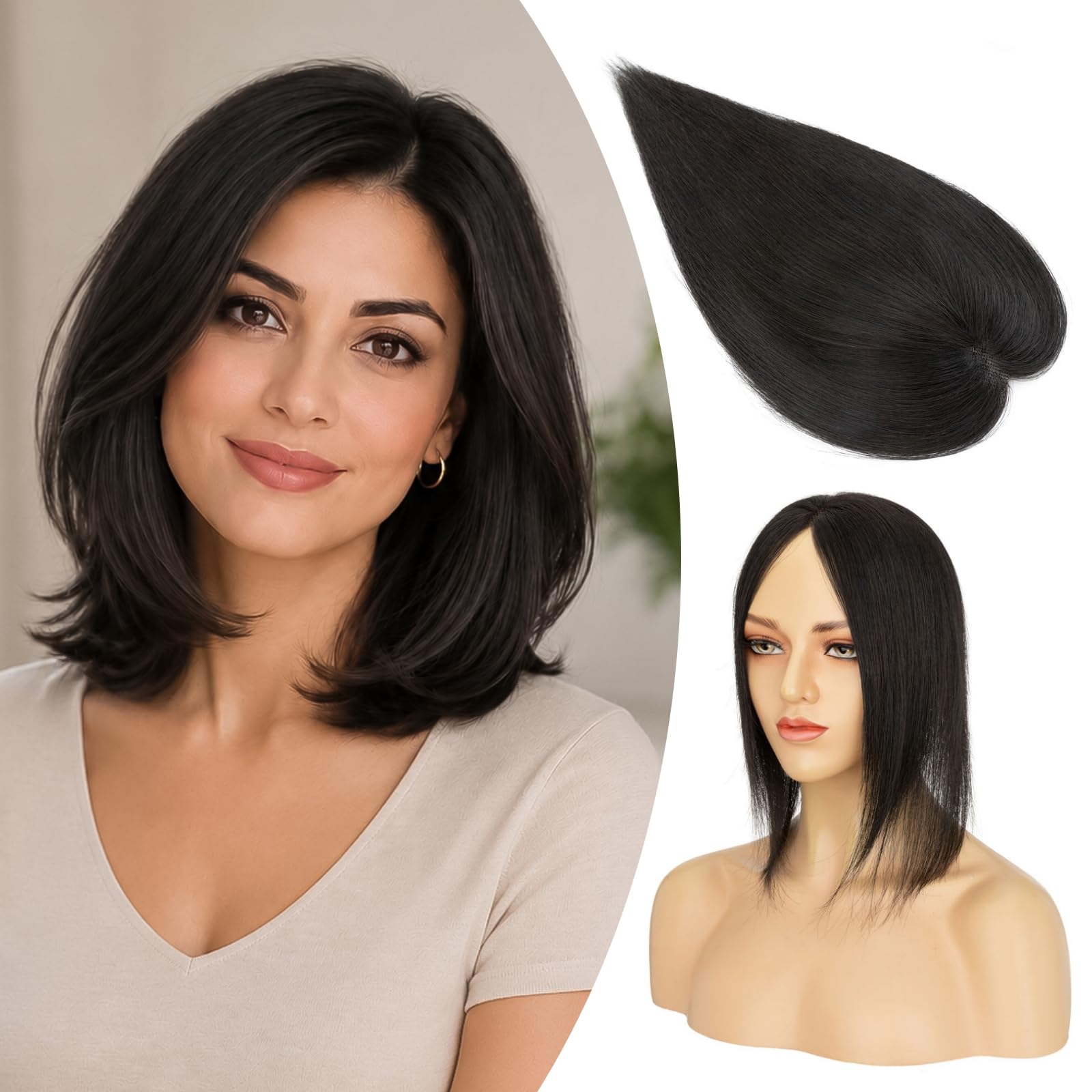Benehair Haartopper Echthaar Oberkopf mit Curtain Bangs Clip-in-Pony Haar Toppers Echthaar für dünner werdendes Haarteil, Cover-Haarteil mit 270° 35cm #1B Natürliches Schwarz