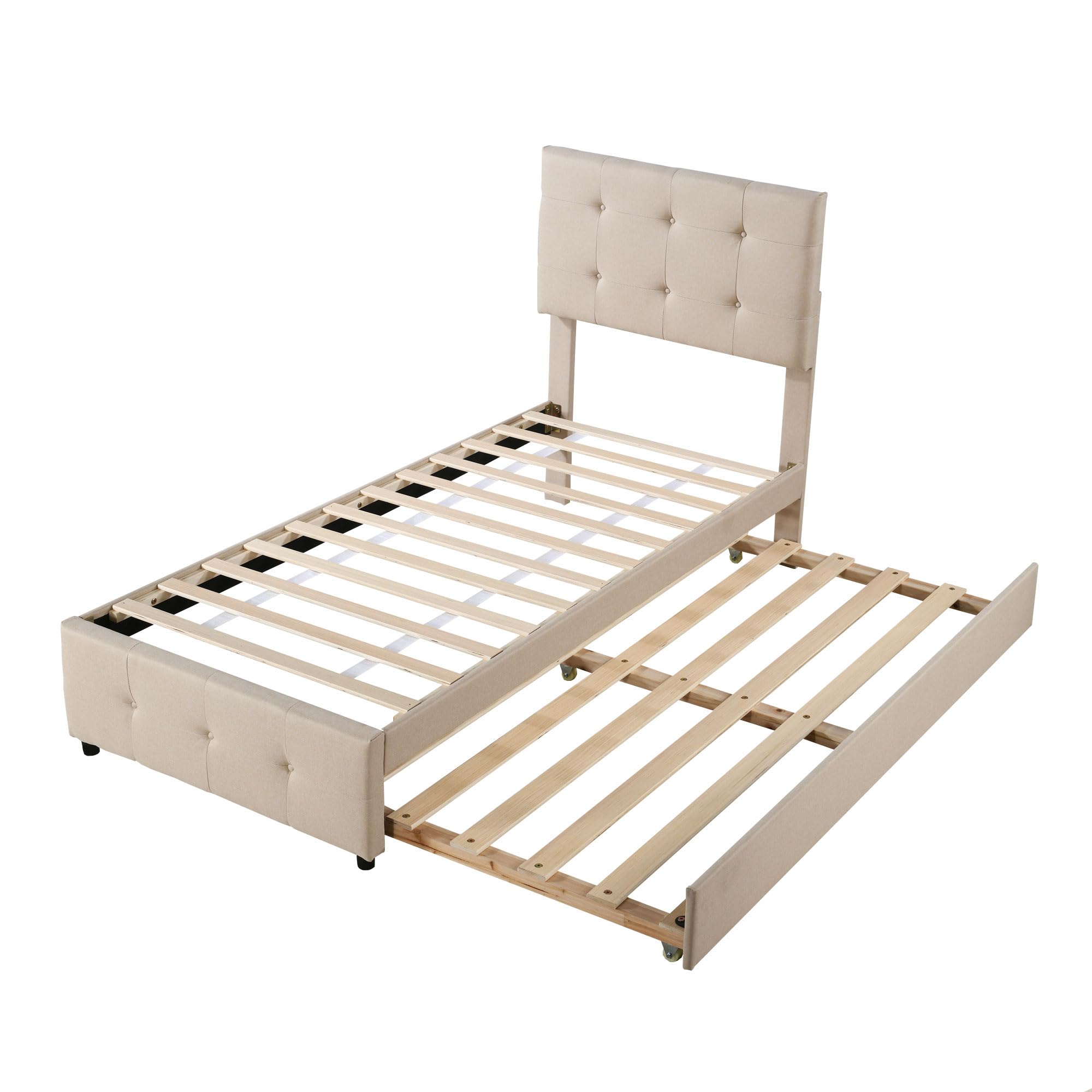 Aunvla Gestoffeerd bed 90 x 200 cm met rolbed en opbergladen, huidvriendelijke linnen bekleding, plat eenpersoonsbed, kinderbed, tienerbed, logeerbed (roze