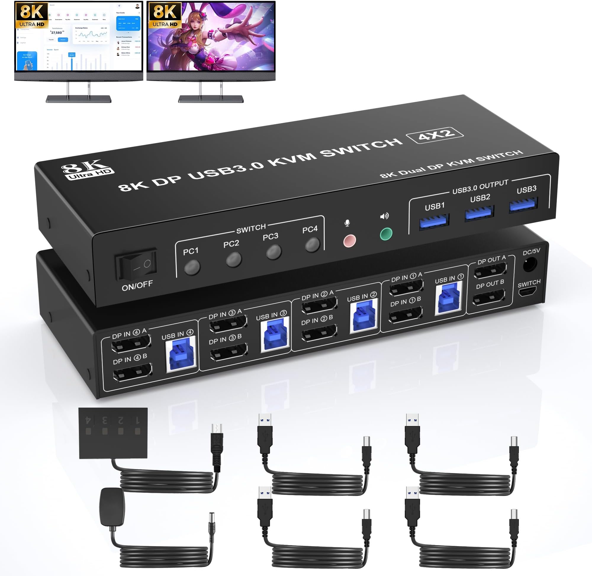 8K@60Hz USB 3.0 Displayport KVM Switch 2 Monitors 4 Computers, Dual Monitor KVM Switch with Audio Output and 3 USB 3.0 Ports, 4 Port Dual Monitor Displayport KVM Switch for 4 Computer