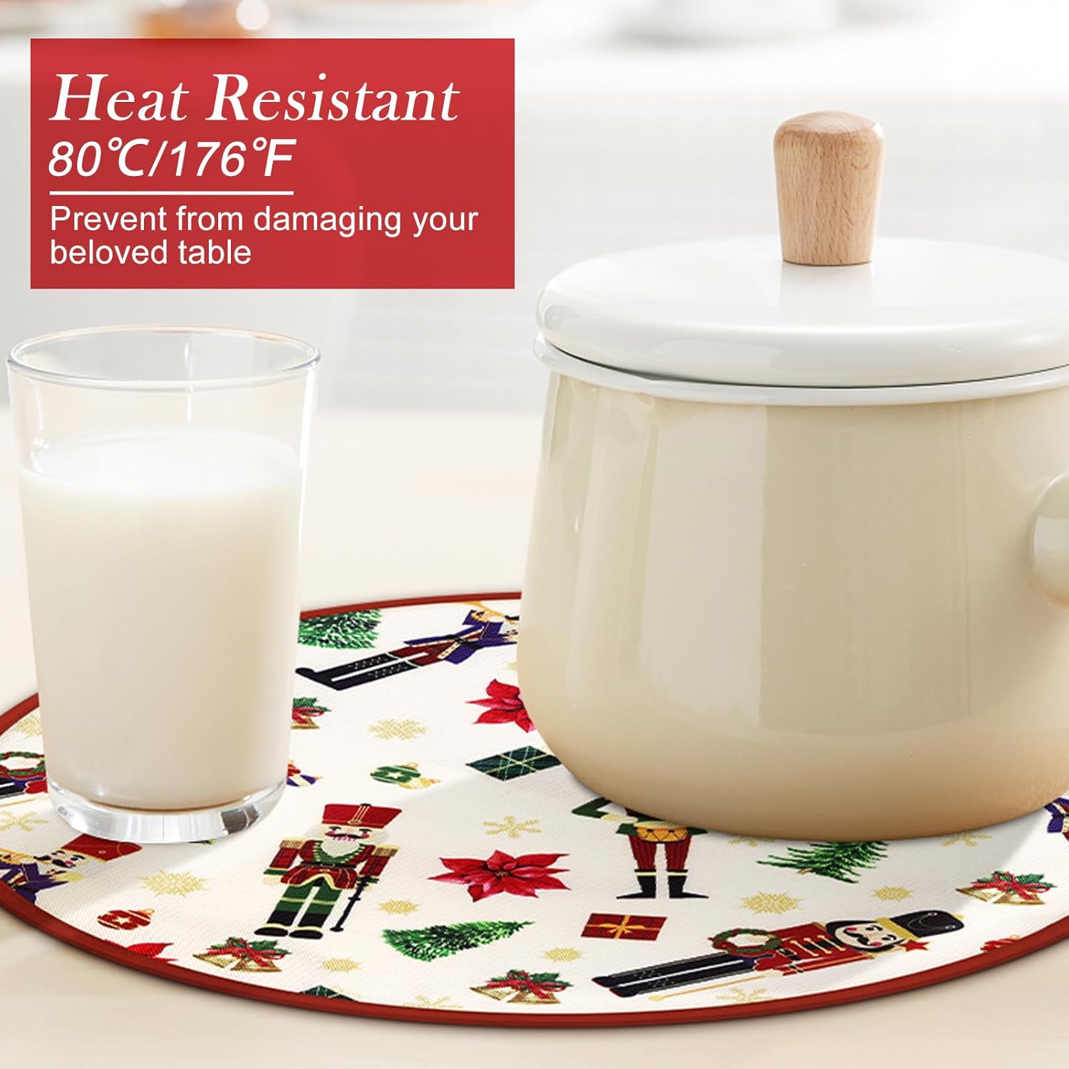 Christmas Nutcracker Round Placemats Set of 4, 14 Inch Christmas Tree Double Layer Washable Heat Resistant Cloth Placemats,Non Slip Table Place Mats for Dining Kitchen Party Decoration