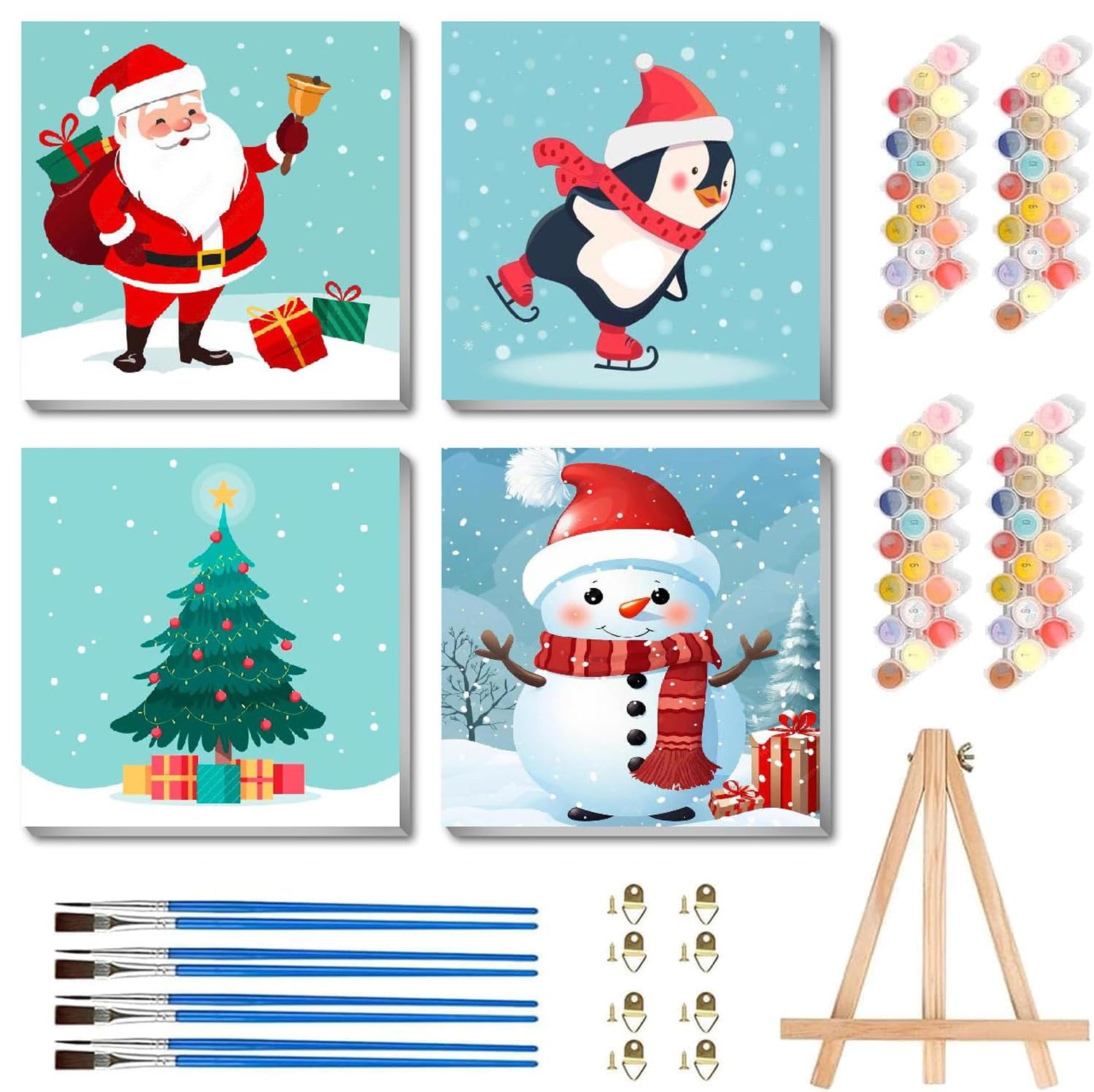 Christmas Framed Paint by Numbers Kit for Adults Beginner Canvas&Wooden Easel, 4 Pack DIY Adult Paint by Number Kits With Frame, Easy Watercolor Oil Painting Kit for Home Wall Decor 8x8 Inch
