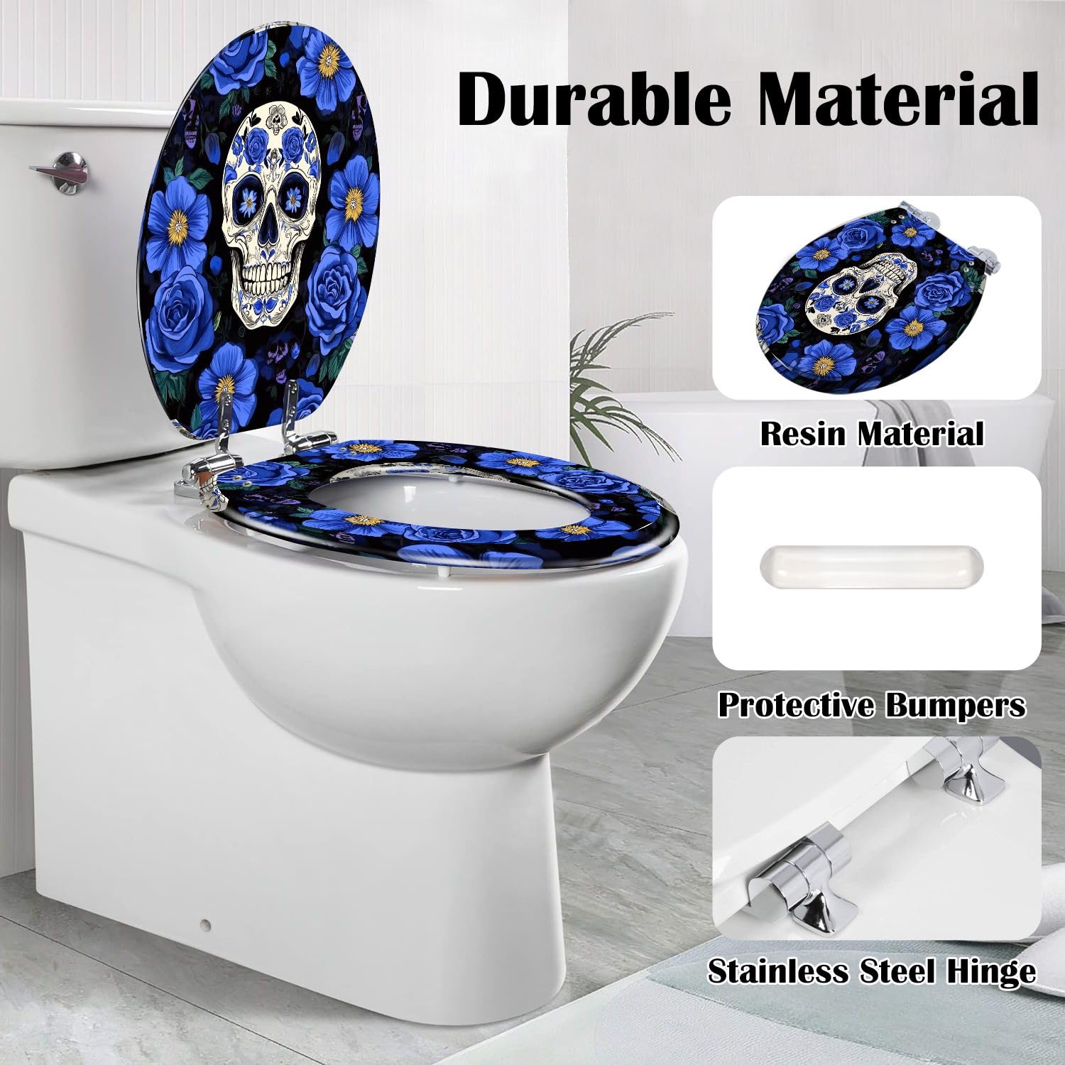 Copriwater Allungato Decorativo In Resina con Teschi Di Zucchero E Fiori Blu, Motivo Nero Senza Cuciture, Chiusura Lenta E Silenziosa, Cerniere A Sgancio Rapido, Facile Da Pulire E Installar