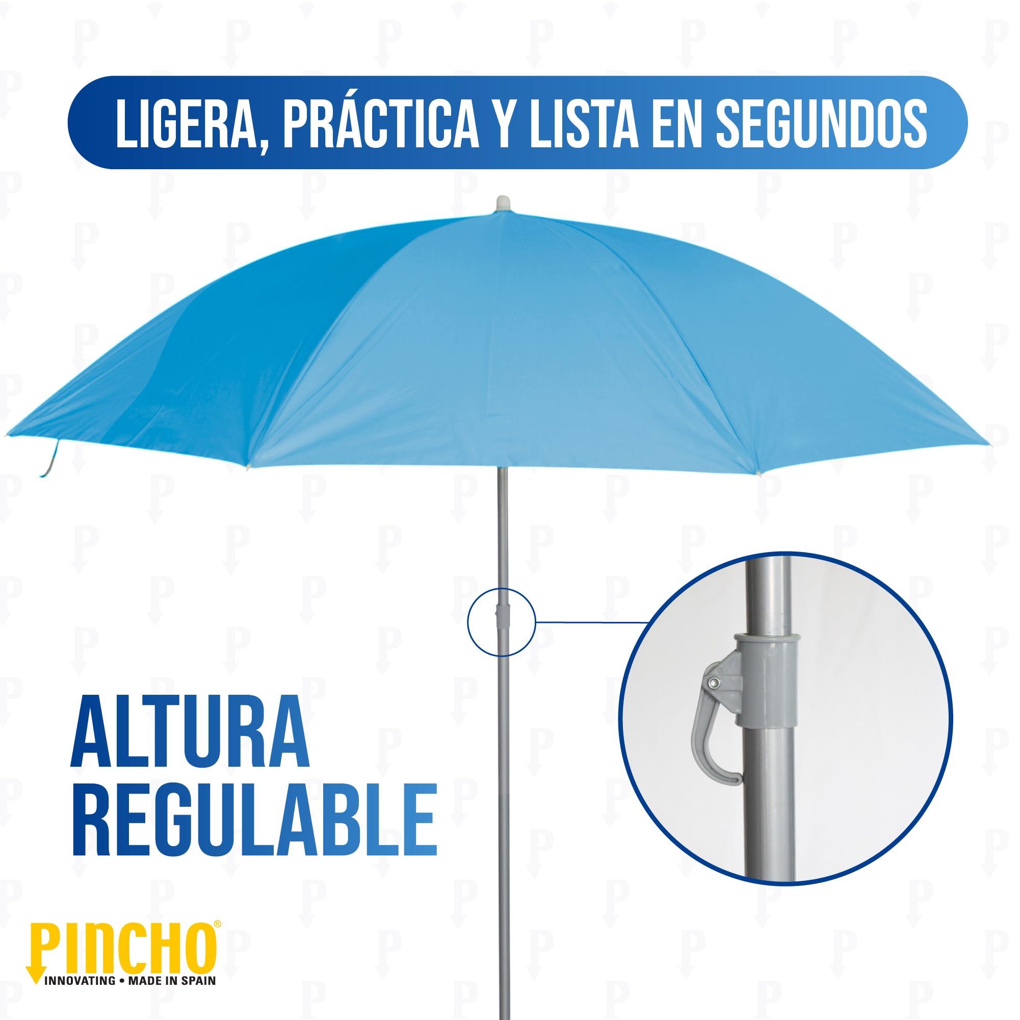 Pincho Grand parasol de plage 200 cm, anti-vent jusqu'à 35 km/h, protection UV 50, aluminium, 8 + 8 baleines, fibre de verre, tube de 28-32 mm, manche inclinable, montage rapide 30 secondes, sac de