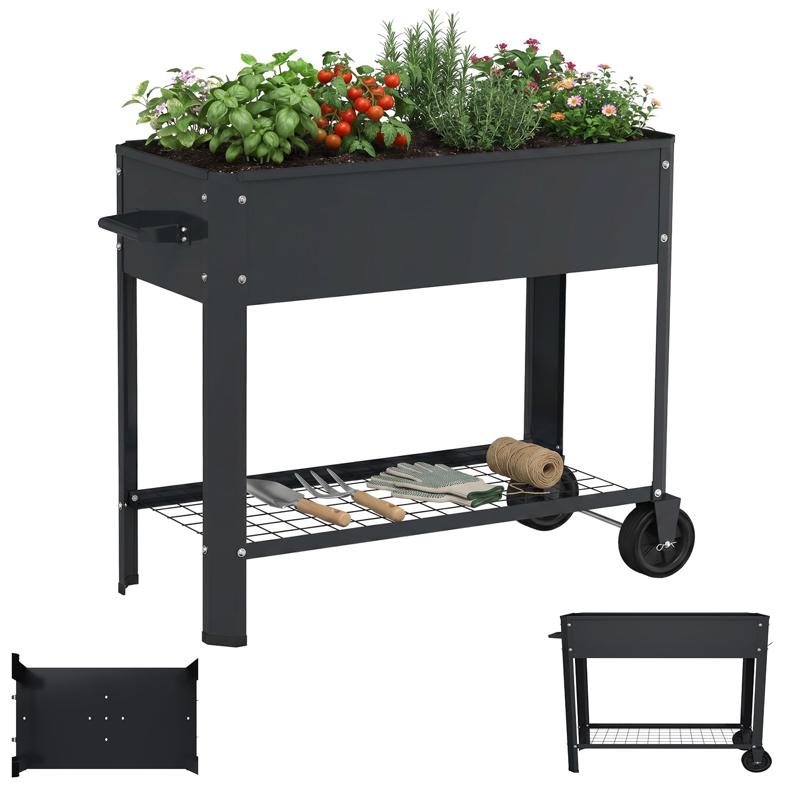 LZQ Hochbeet Metall mit Rädern & Griff, Pflanzkasten mit Ablage Gartenbeet Blumenkasten erhöht Kräuterbeet Gemüsebeet Pflanzbeet für Balkon Terrasse, verzinkt Hochbeet auf Beinen 80x35x80cm Schwarz
