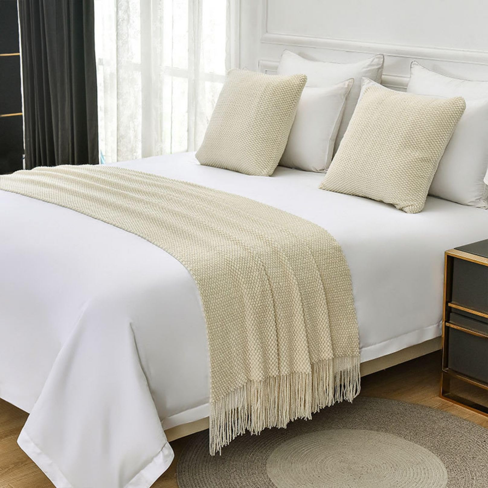 LEEMQCYA Bed Runners & Scarves Beige Bed End Towel for Foot of Bed Throw Blanket Bedroom Bedspread Protection Hotel Bed Scarf for Living Room Wedding Dormitory Decor,Single/Twin — image 1