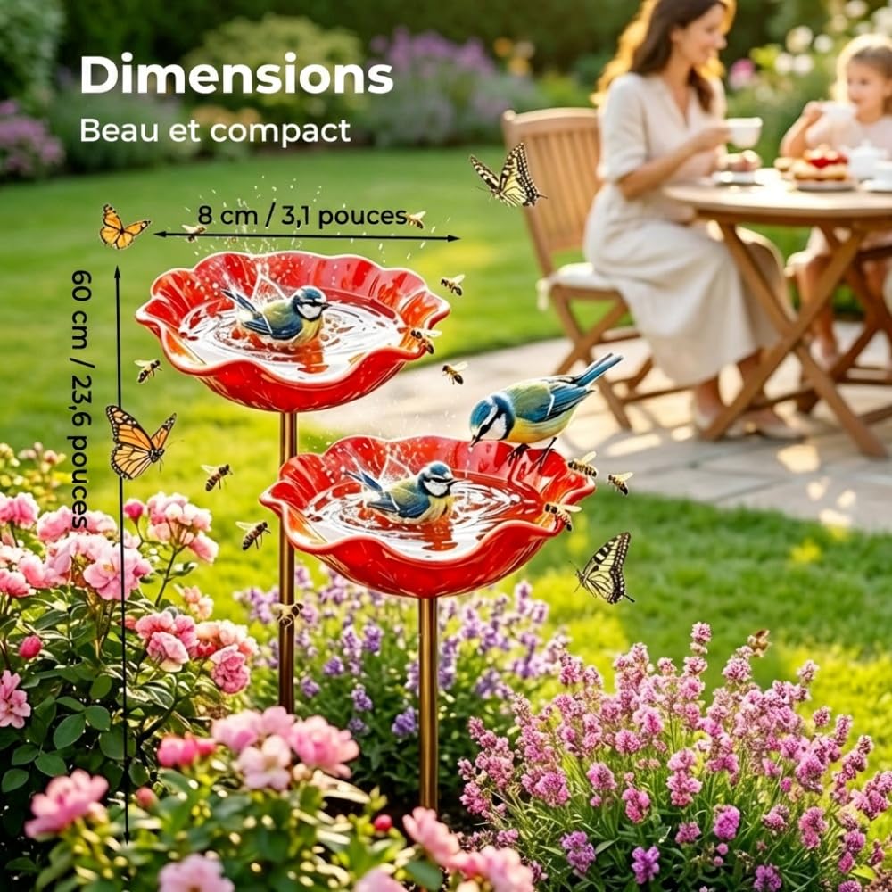 Abreuvoir Oiseaux, 2026 Nouveau Bain Oiseaux Décoratif Métal Motif Fleurs, Handmade Metal Flower Garden Stake, Bain d’Oiseau Oiseauxs Résistante Intempéries Fleurs Abreuvoir À Abeilles (Rouge)