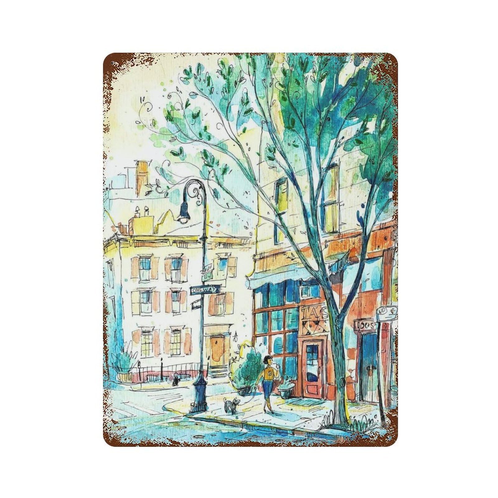 xiaoxiaoshen Cityscape Greenwich Village Morning Wall Decor Art Metal Tin Poster Modern Home Decor Art Home Bar Shop Decorations Vintage Sign 40x30cm