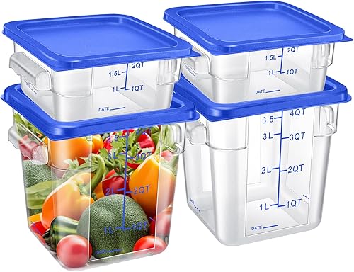 Juego de 4 recipientes de almacenamiento de alimentos con tapas, 2 cuartos y 4 cuartos de galón, cuadrados transparentes con asas de básculas para