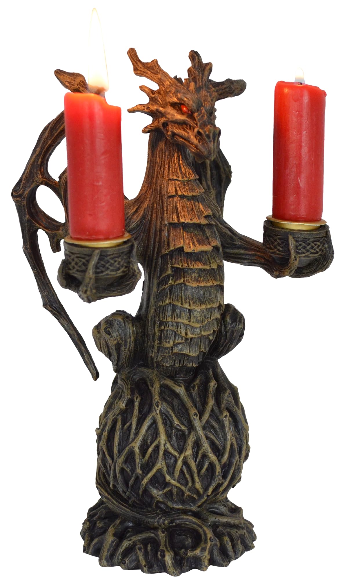 Earth Dragon Candle Holder with 2 Candle Holders Made of Artificial Stone Hand Painted, Brown, Black, Red, 13x10x22 cm - Image 3