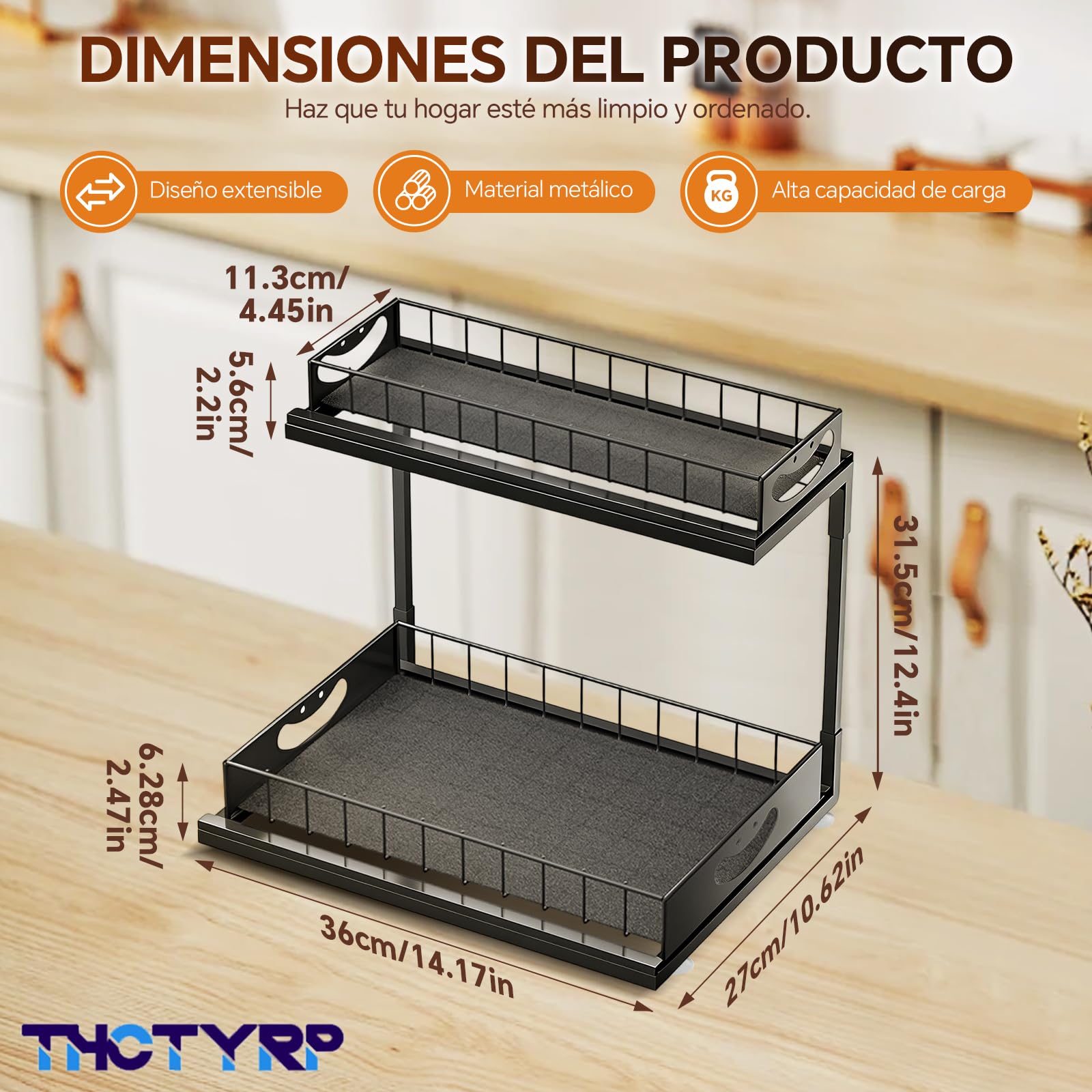 Estante metálico extensible, 2 niveles, debajo del lavabo y fregadero, organizador para armarios de cocina y baño (Negro)