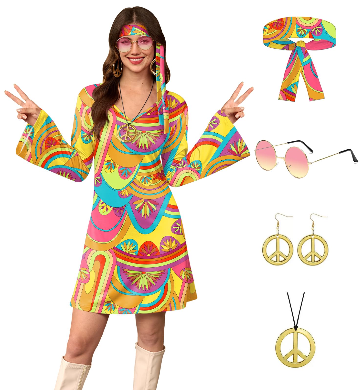 For G and PL Womens Summer Flare Sleeve Hippie 60s 70s Costume Peace Go Go Outfit Yellow L