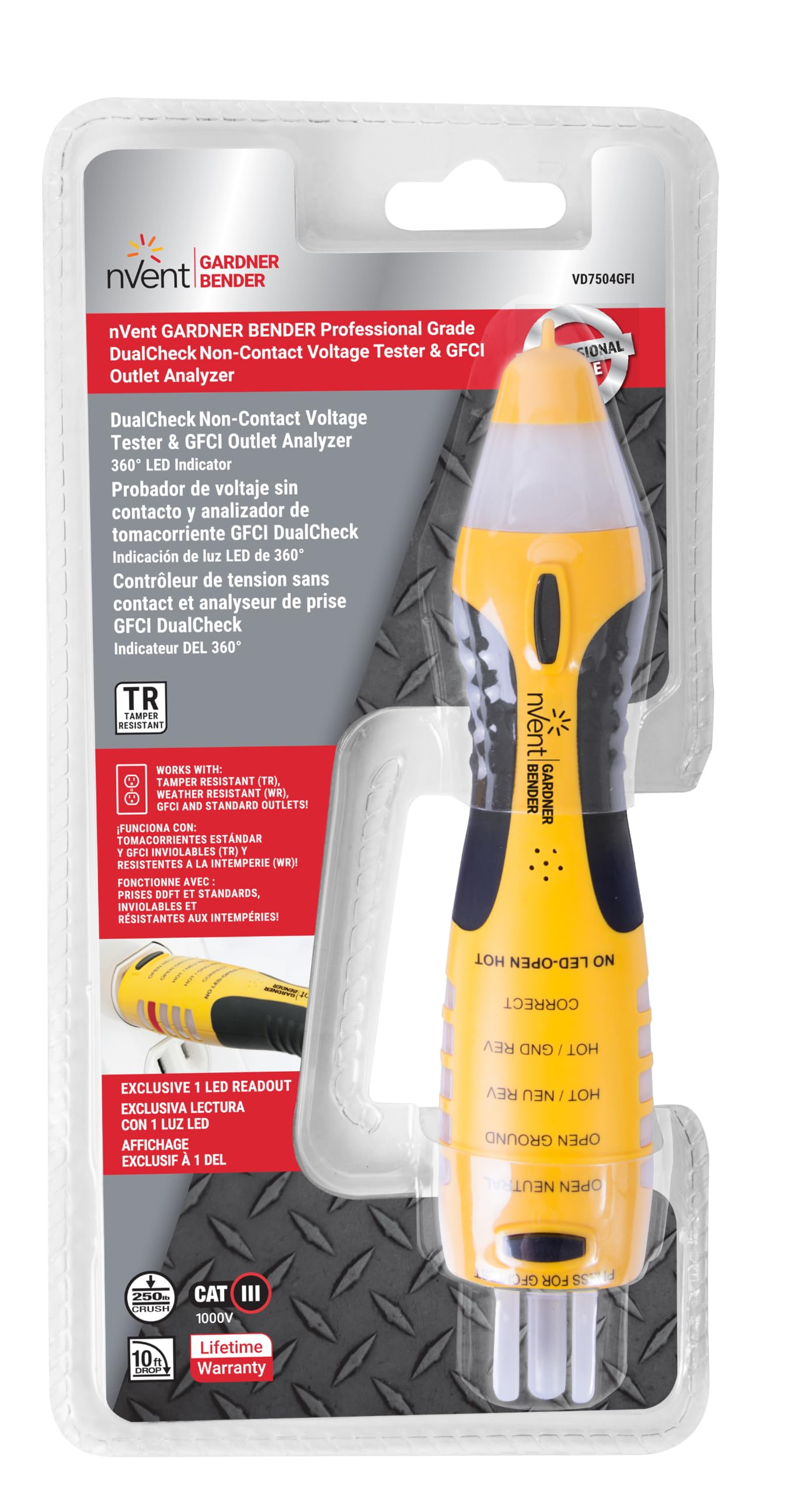 Sperry Instruments VD7504GFI DualCheck 2-in-1 Non-Contact Voltage Detector + GFCI Outlet Circuit Analyzer, 360° Visual & Audible Indicators, 50-1000V AC, 250 lb. Crush Rating — Amazon image 3