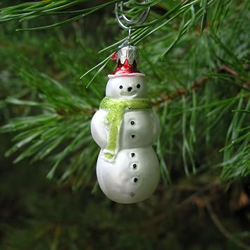 Mini Snowman with Green Scarf Hand Blown Glass Christmas Ornament - Single