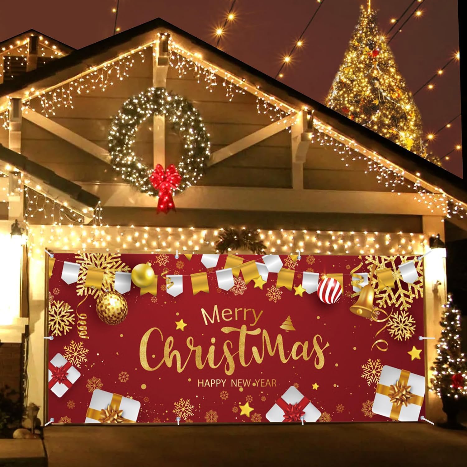 Christmas Garage Door Decorations Cover Banner Backdrop,Merry Christmas Holiday Garage Door Cover Banner, Xmas Ball Gifts Large Hanging 7x16ft 2 Car Garage Door Cover for Outdoor Holiday Decorations