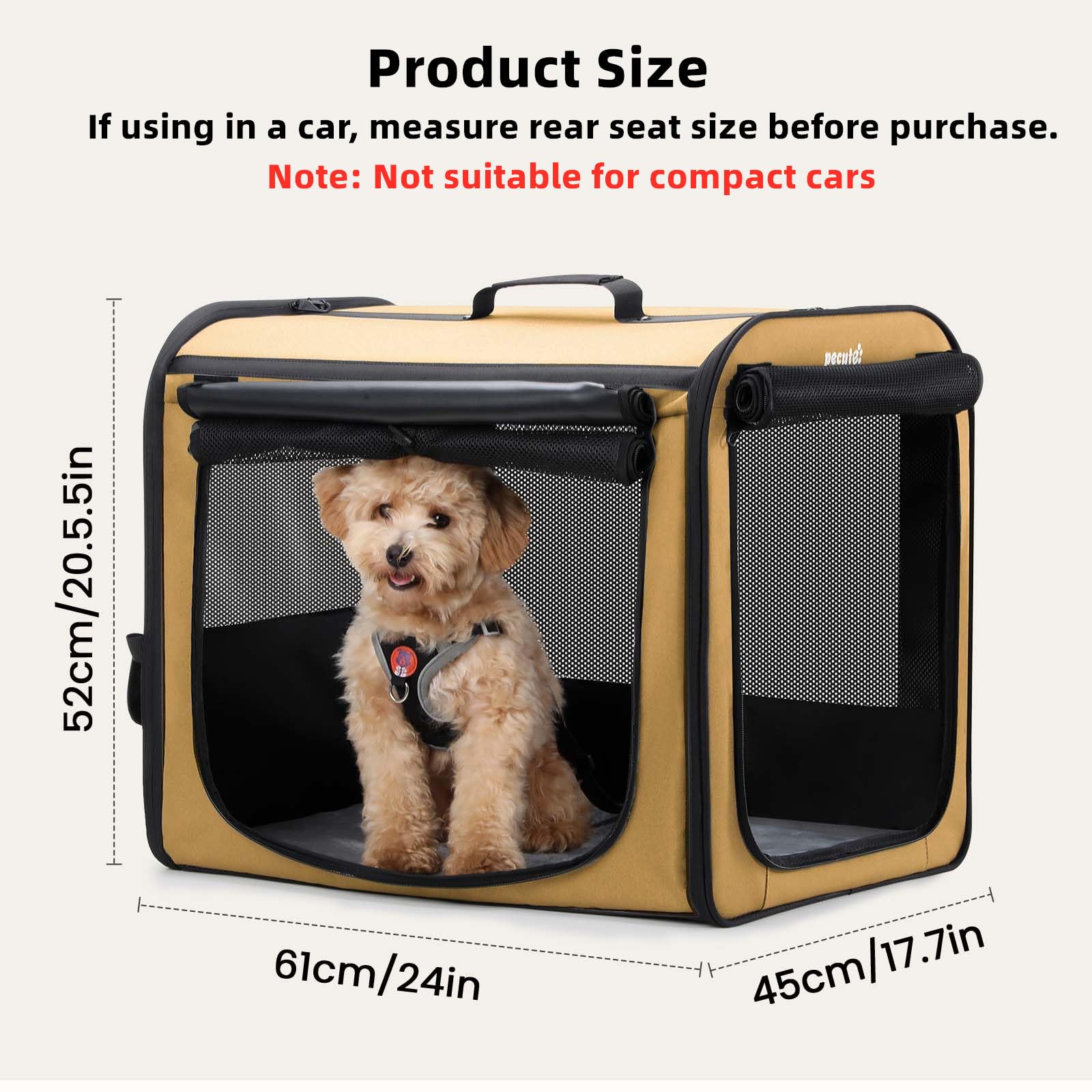 Pecute Transportin Gato Perro Plegable Jaula para Gatos Perros Casa de Gatos Perros con Cerradura y Correa de Seguridad Ajustable, Apto para Coches, Tiendas de Campaña para Mascotas, Caqui