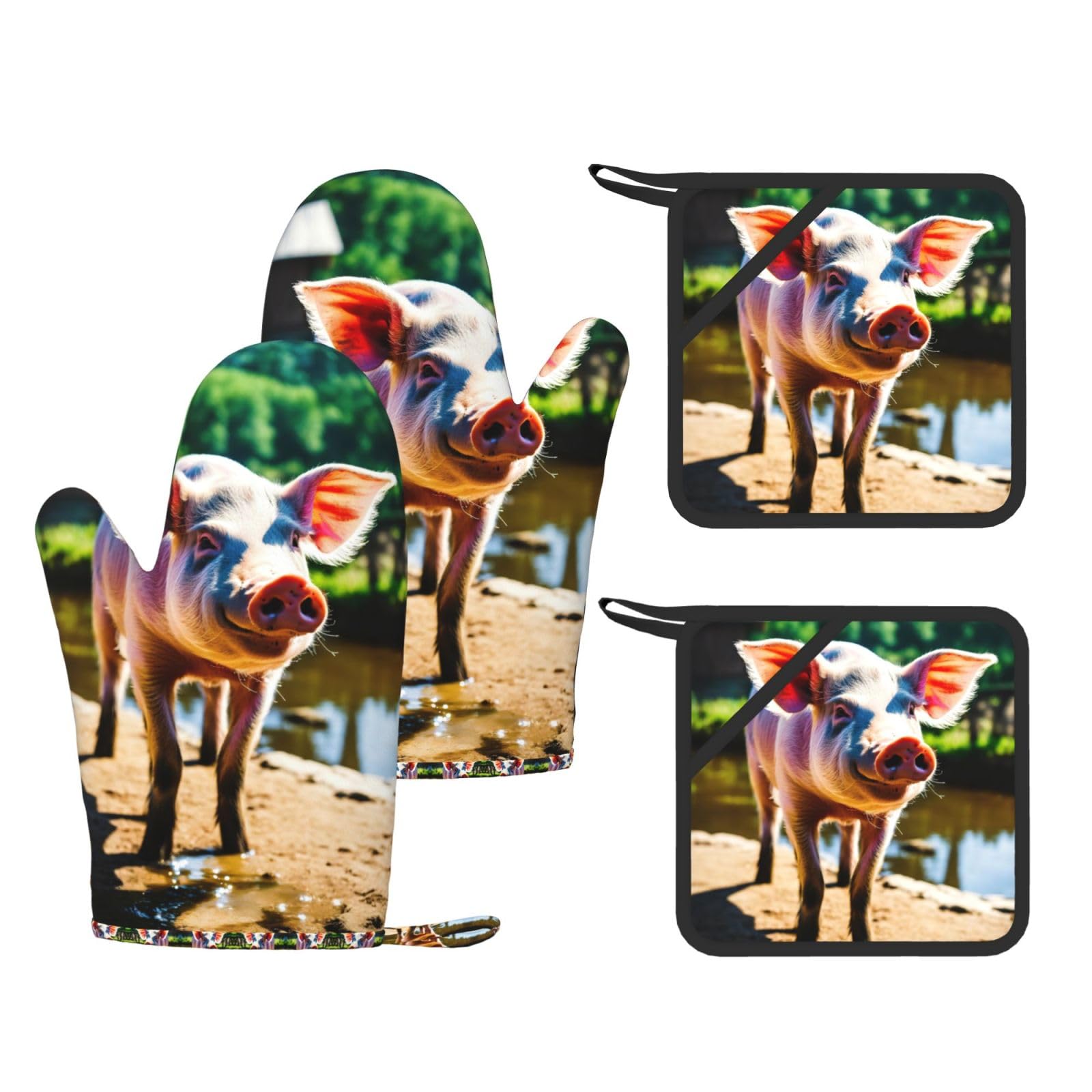 Cute Pig Printed Cooking Mitts and Pot Holders 4 Pcs, Heat Resistant Oven Gloves with Hanging Loop Chef