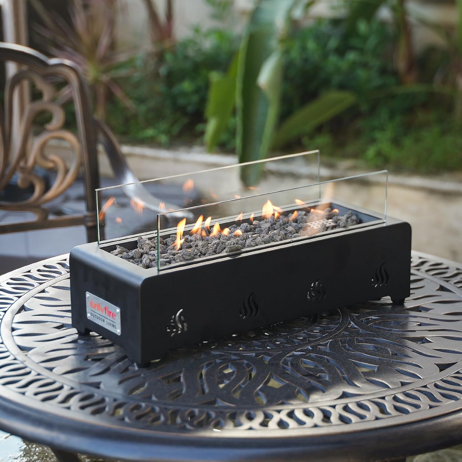 onlyfire 18 Inch Tabletop Gas Fire Pit, Outdoor Propane Fire Pit Side Mounted with Glass Wind Guard and Lava Rock, Rectangular Smokeless Fire Table Indoor Outdoor Fireplace