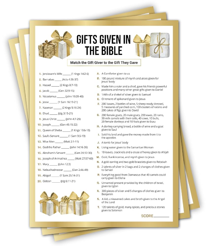 15 Gifts Given in The Bible Match Trivia Game for Adults & Teens Church Activity or Christmas Games Youth Group Women or Mens KJV Study, Party Games & Activities - Amazon Canada 15-gifts-given-in-the-bible-match-trivia-game-for-adults-teens-church-activity-or-christmas-games-youth-group-women-or-mens-kjv-study-party-games-activities-amazon-canada