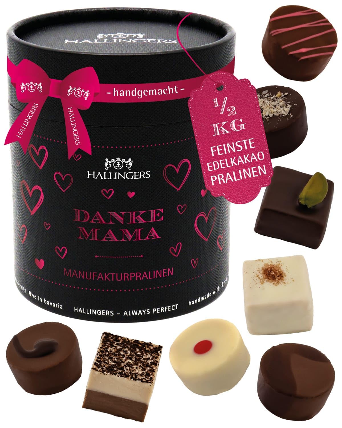 Hallingers Genuss Manufaktur Pralinen Muttertagsgeschenk - ohne Alkohol, handmade aus Confiserie-Edelkakao in wertiger XXL-Geschenkdose "Danke Mama", Geschenkidee für Mama Oma