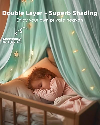 Vista 31 de Toldo de cama grande con luces de estrellas, toldo de doble capa para cama, tienda de campaña de princesa para habitación de niñas, toldo