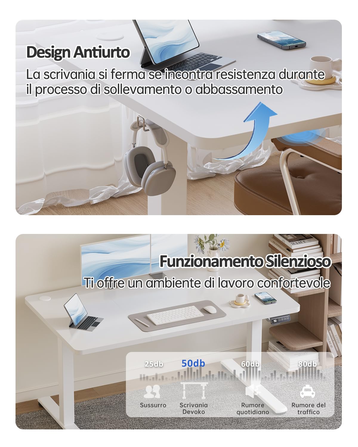 Devoko 120x60 cm Scrivania Regolabile in Altezza,Elettrica per Lavoro in Piedi, Ufficio e Casa, Standing Desk Scrivania Studio in Casa con Piano Assemblato, Bianco