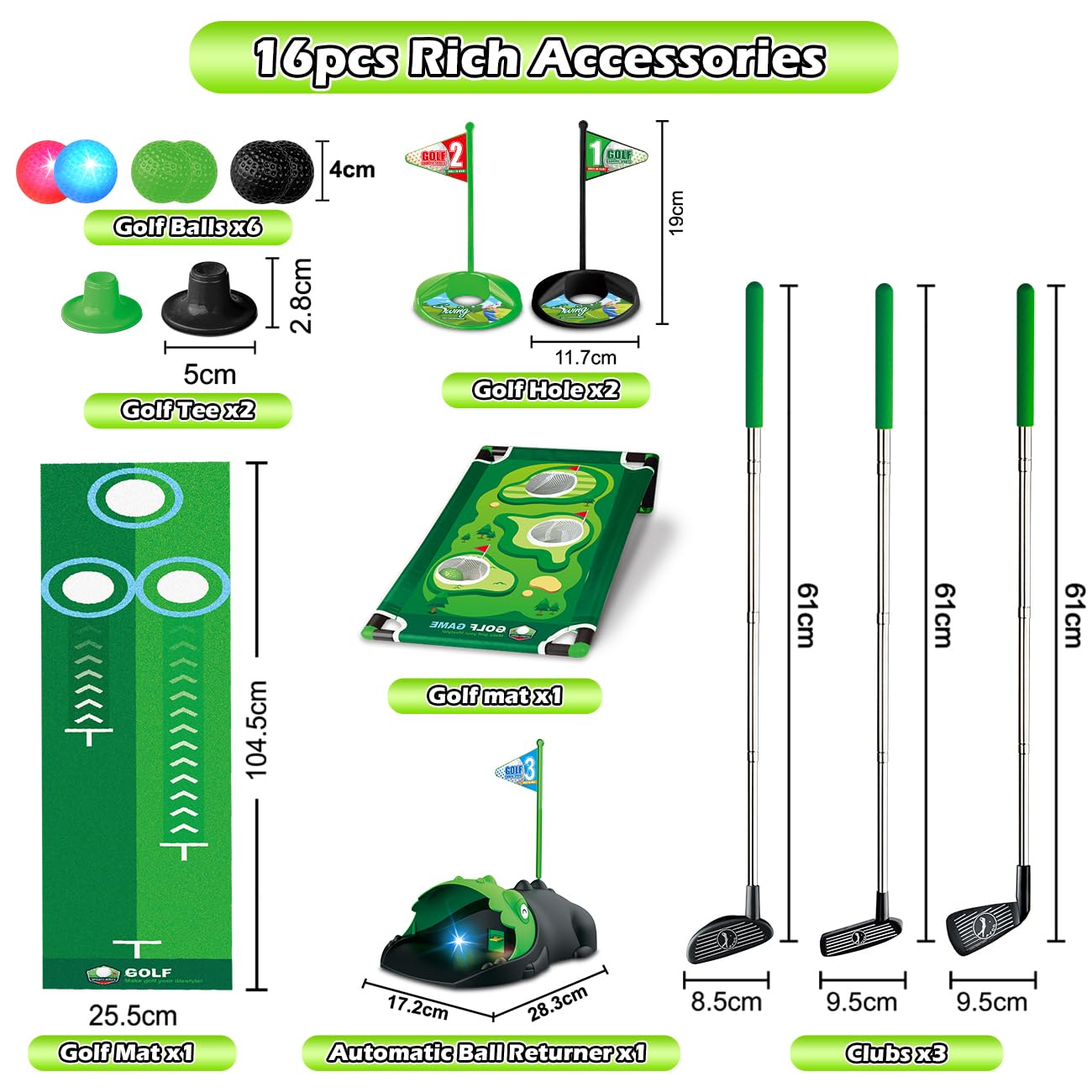 TERRAMUS Set de Golf 3 en 1 pour Enfants avec Retourneur Automatique de Balles,Cornhole Board, Balles Lumineuses LED,Tapis de Putting,Mini Golf 3-8 Ans,Jouet de Golf Indoor,Cadeau pour Garçons Filles