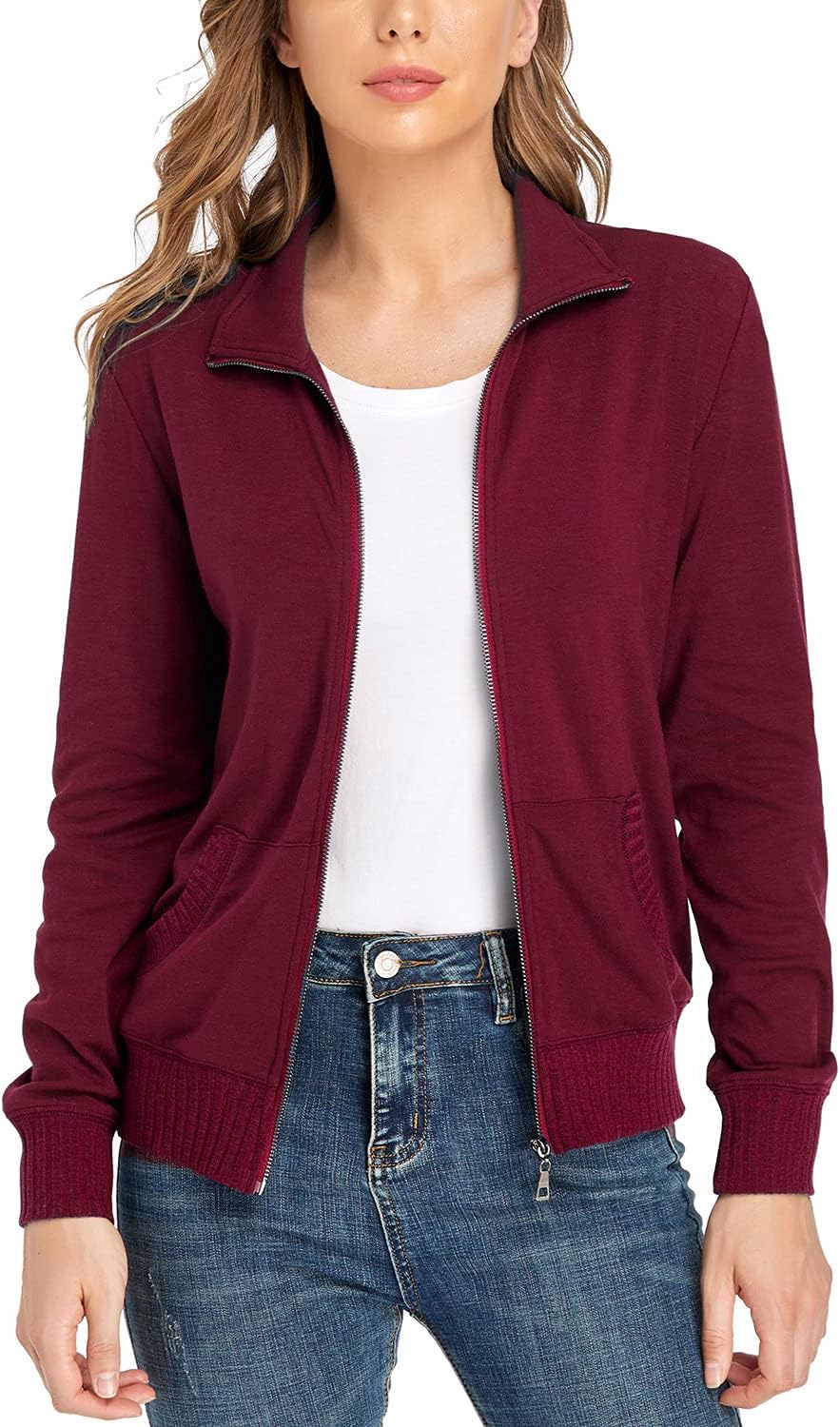 andy & natalie Women's Stand Collar Zip up Long Sleeve Pockets Running Sweatshirts Coat, Z-wine Red, Large