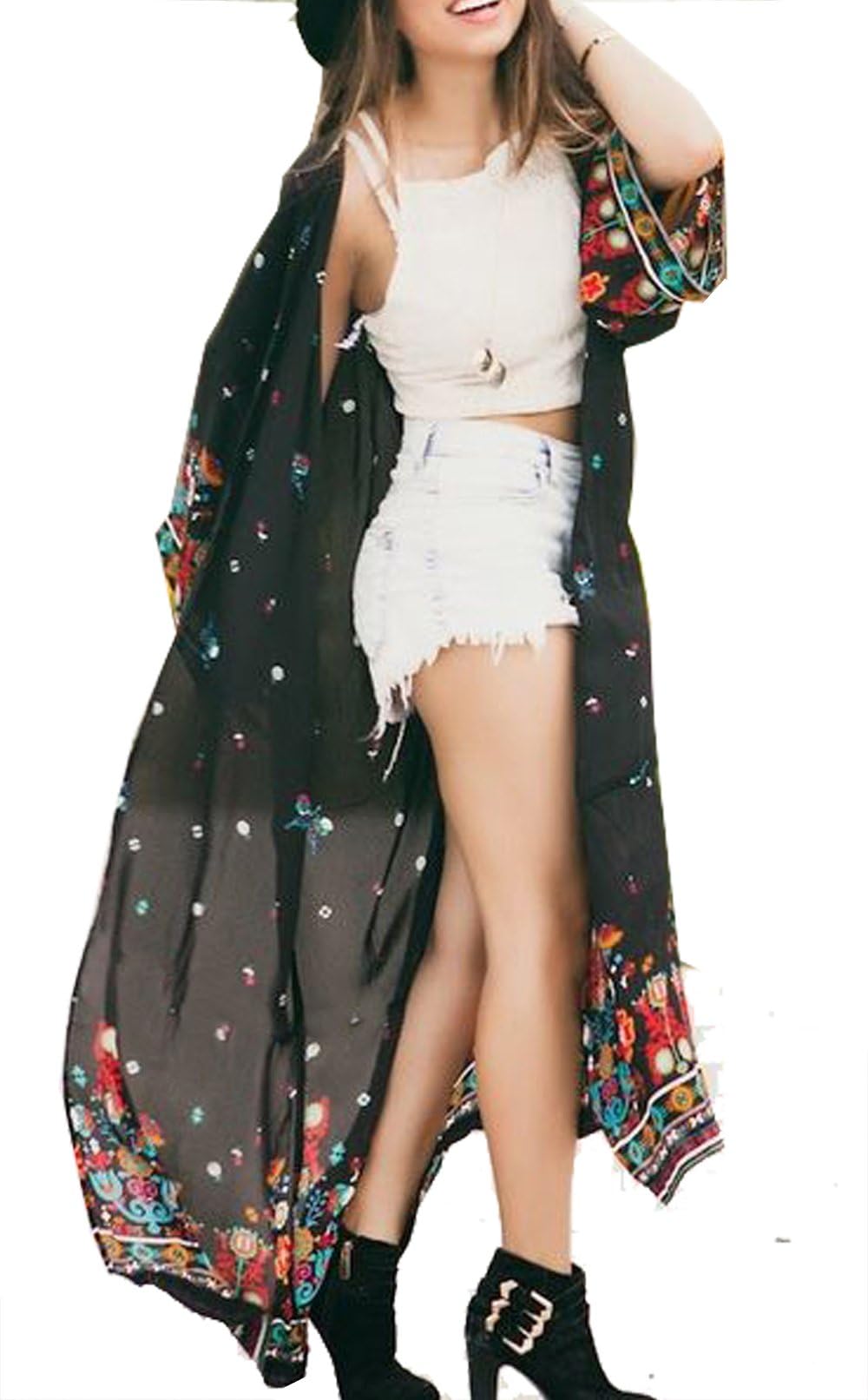 Relipop Women's Chiffon Blouse Loose Tops Beach Kimono Floral Print Cardigan