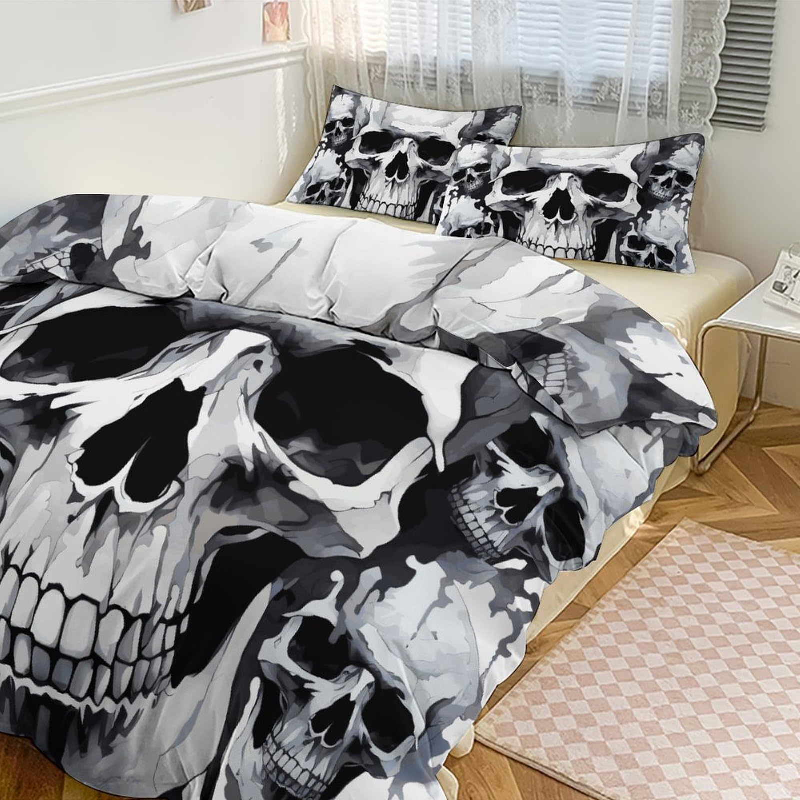 Parure de lit 3 pièces imprimé tête de mort blanc et gris avec couette grand lit 200x228 cm