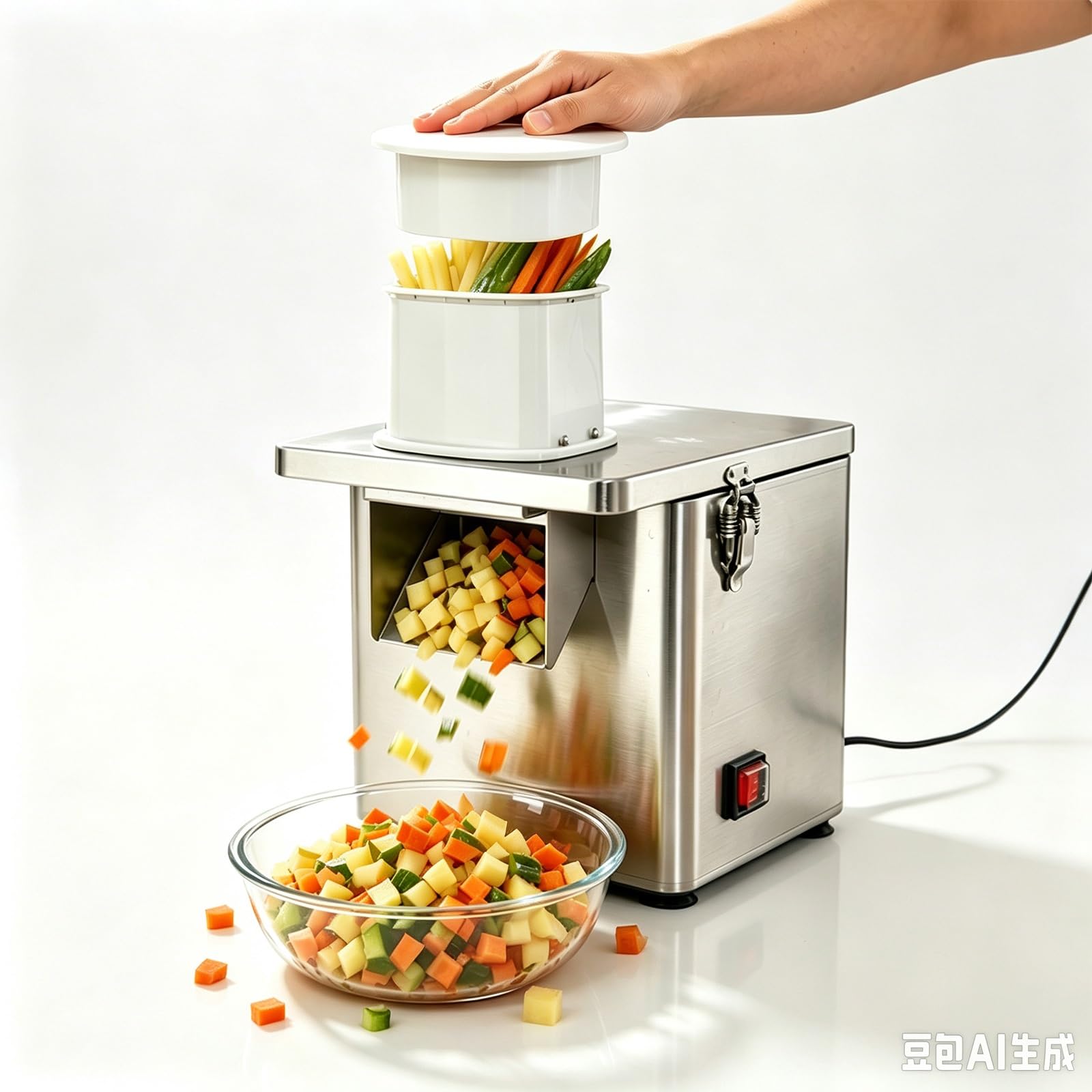Elektrischer Gemüsezerkleinerer, 200 W, mit Schneiden, Raspeln und Würfeln. | Küchenmaschine, schneidet Zwiebeln, Kartoffeln, Karotten, bereitet Salate zu, ideal for private und gewerbliche Küchen.