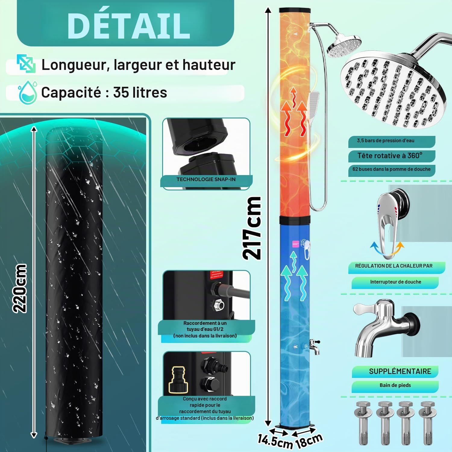 Randaco Douche Solaire de Jardin - Eau Chaude jusqu'à 60 °C - sans raccordement électrique - Douche de Piscine - Camping avec douchette à Pied et douchette à Main - Tête de Douche à Effet Pluie