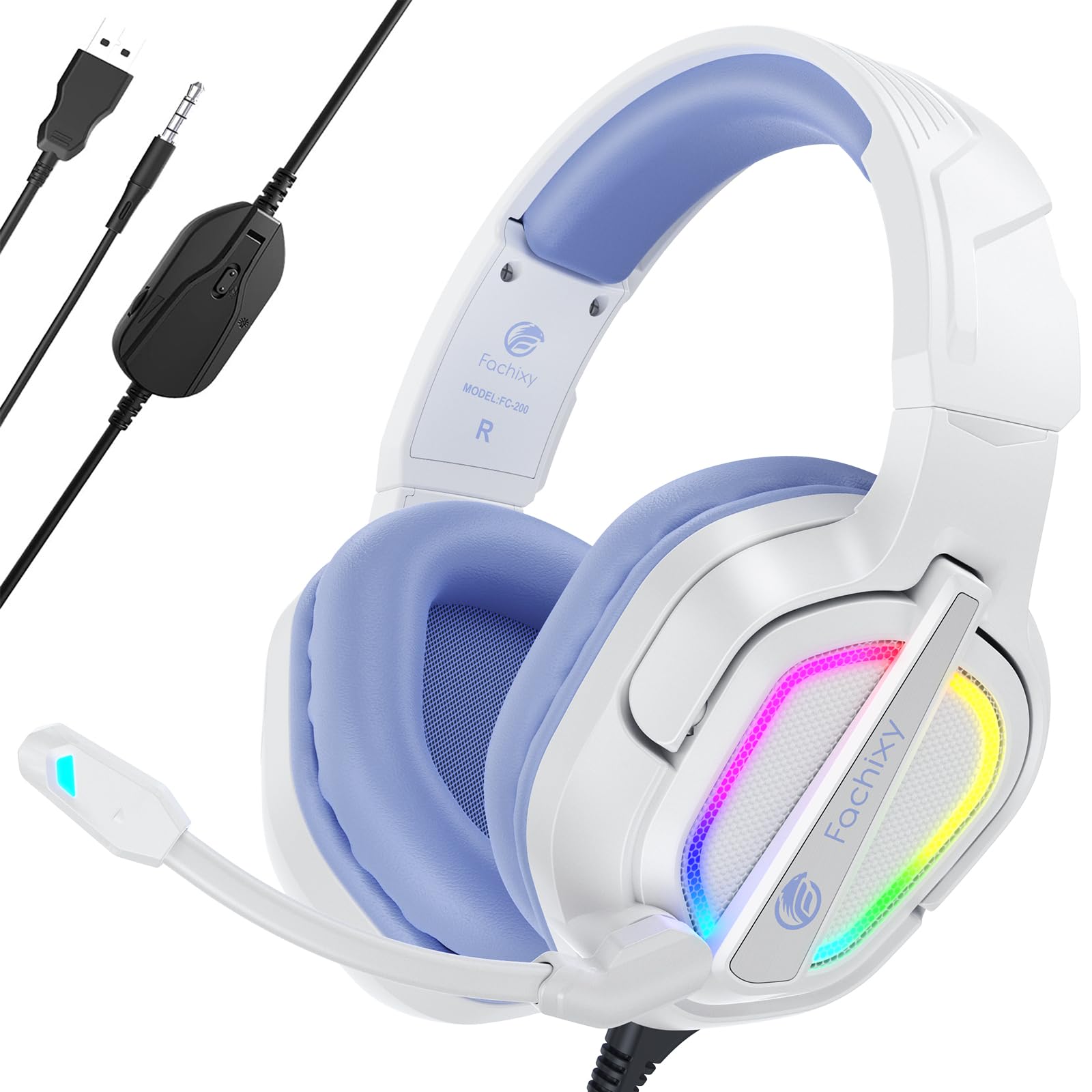 Fachixy FC200 Casque Gaming pour PS5, PS4, PC, Xbox, Nintendo Switch, Casque PS5 avec câble et lumière RGB, Casque stéréo Surround avec Micro, Noise Cancelling Gamer Headphones - Blanc Violet